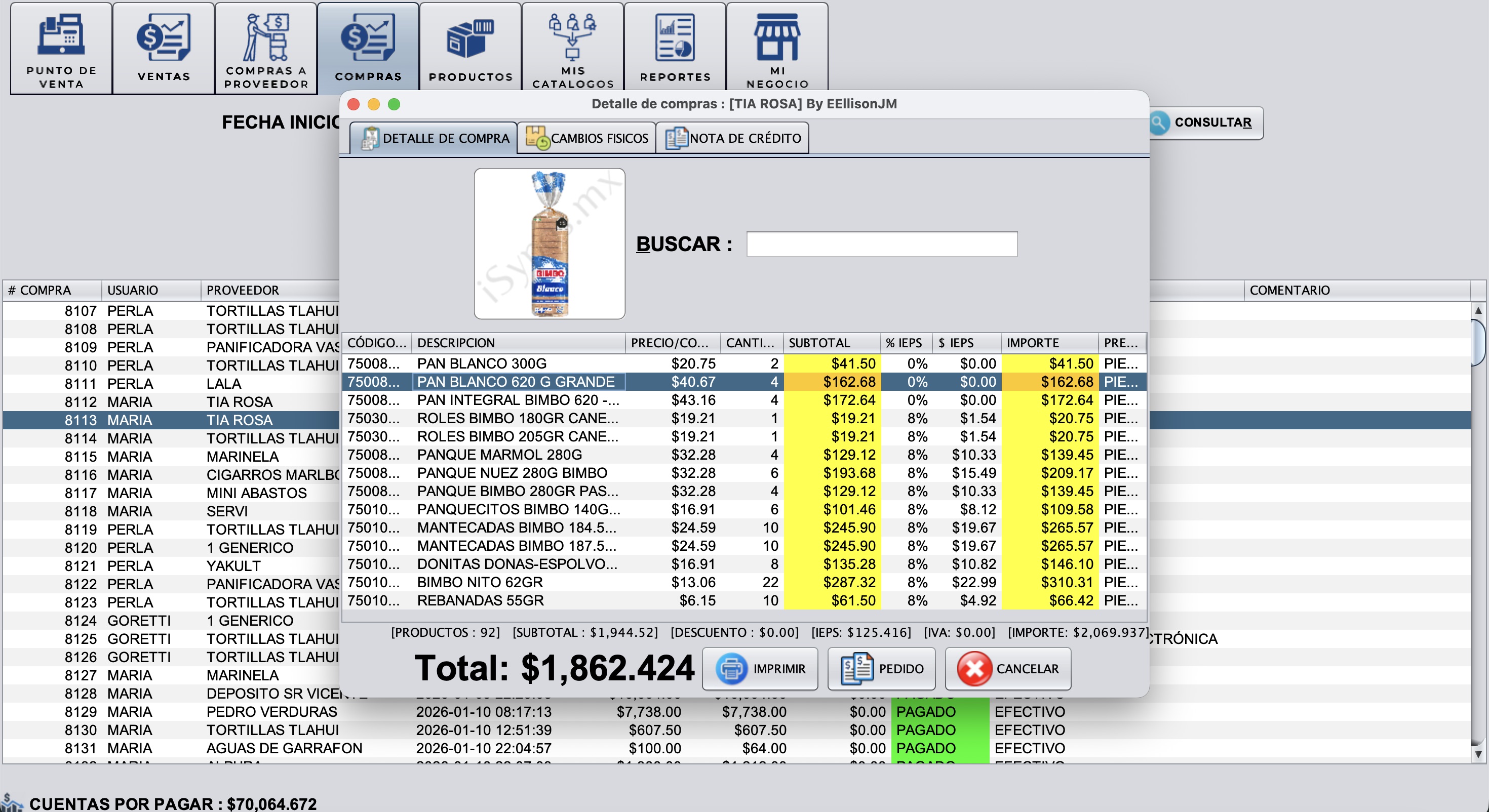 Captura de iSypos: Detalle de compras