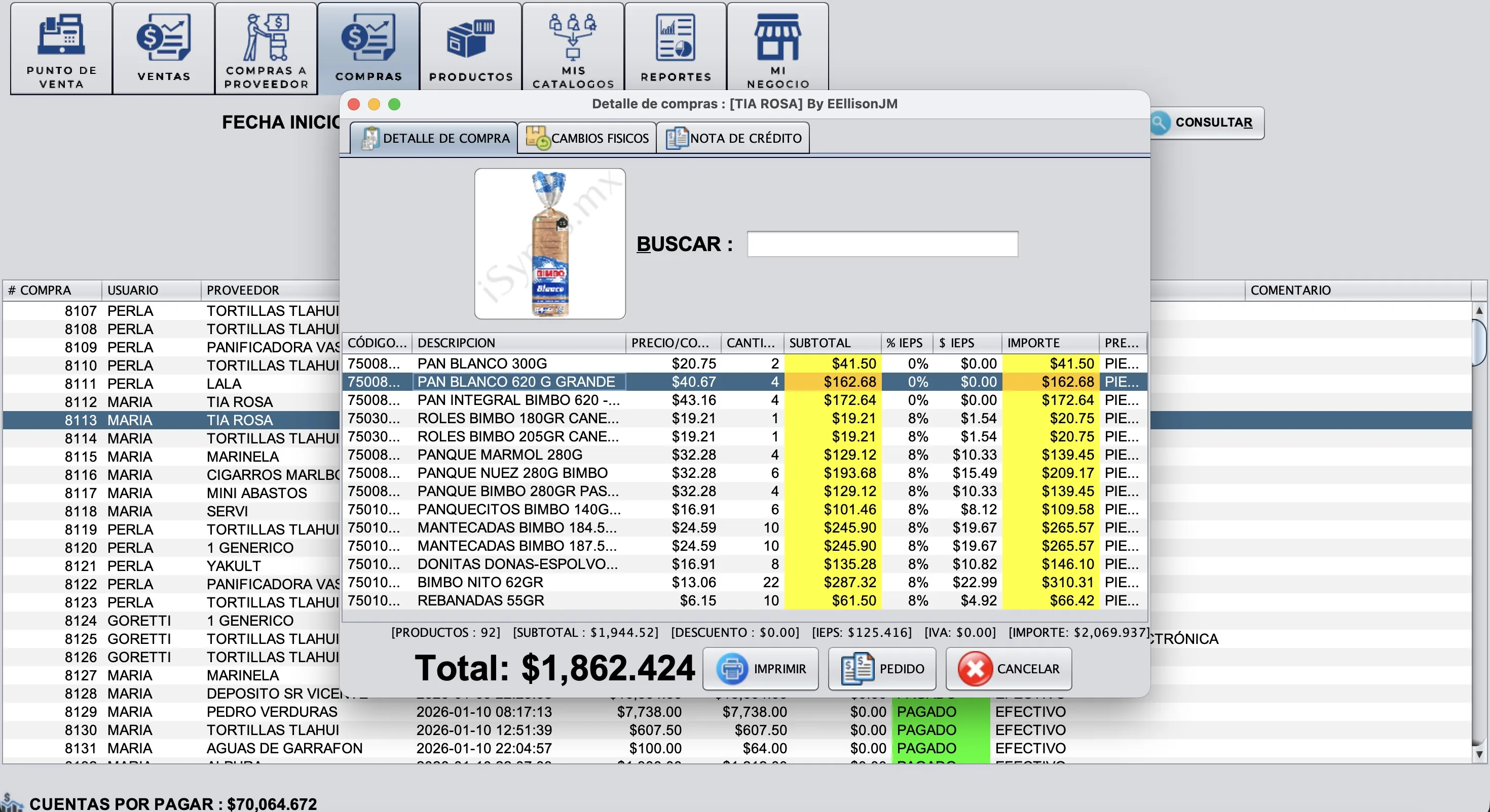 Captura de iSypos: Detalle de compras