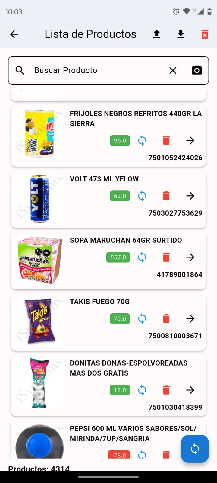 Lista de productos en la app móvil iSypos