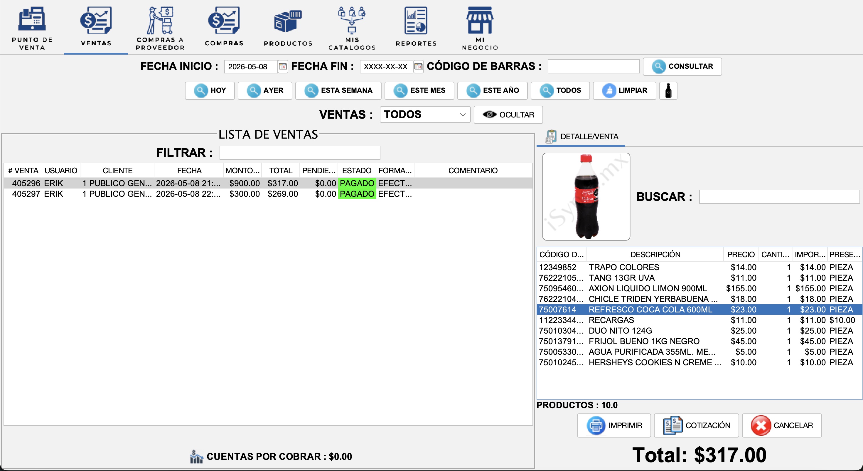 Captura de iSypos: Ventas detalladas